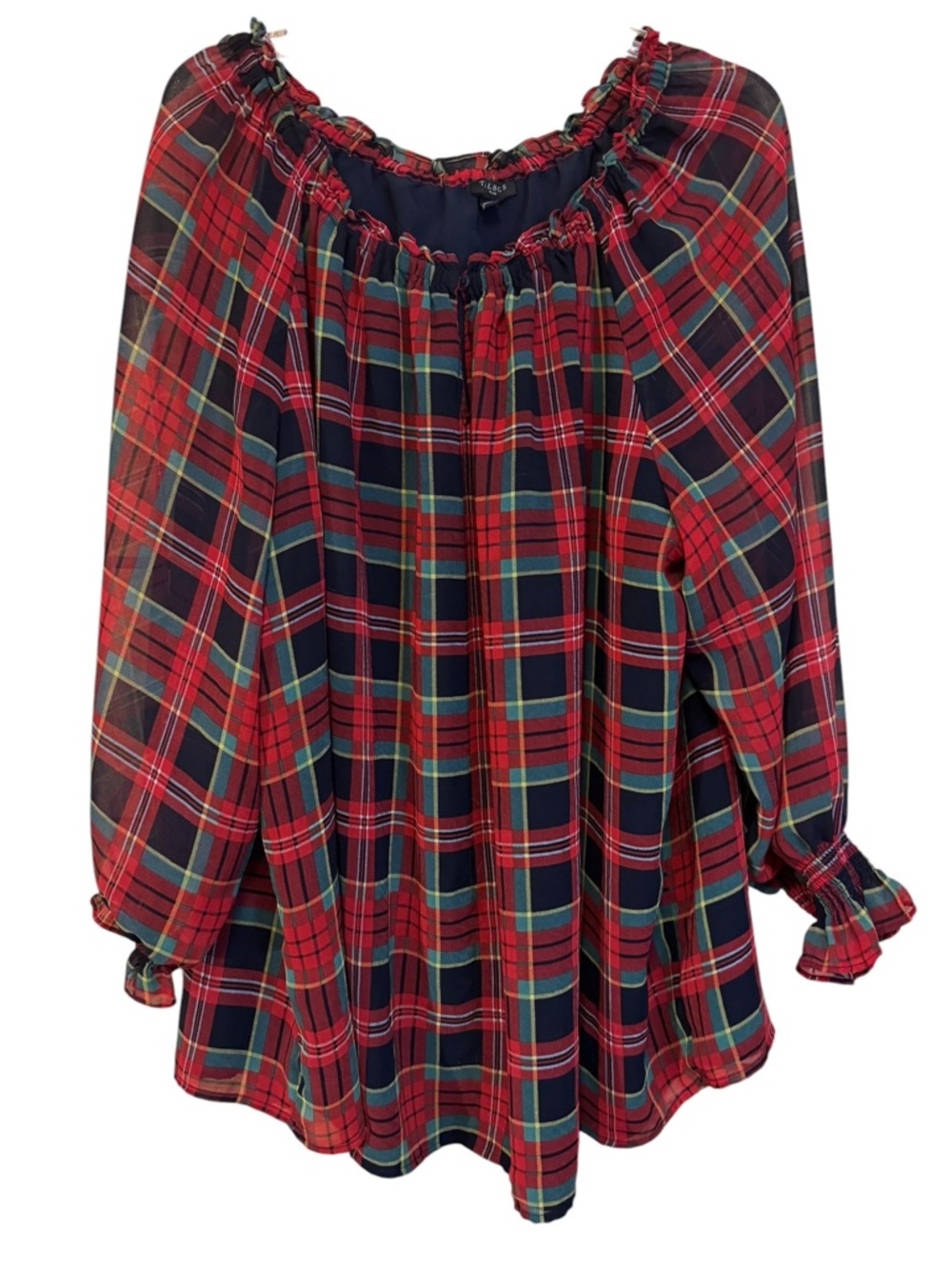 Talbots Women’s Red Plaid Long Sleeve Blouse 3X Elastic Neck Peasant Top
